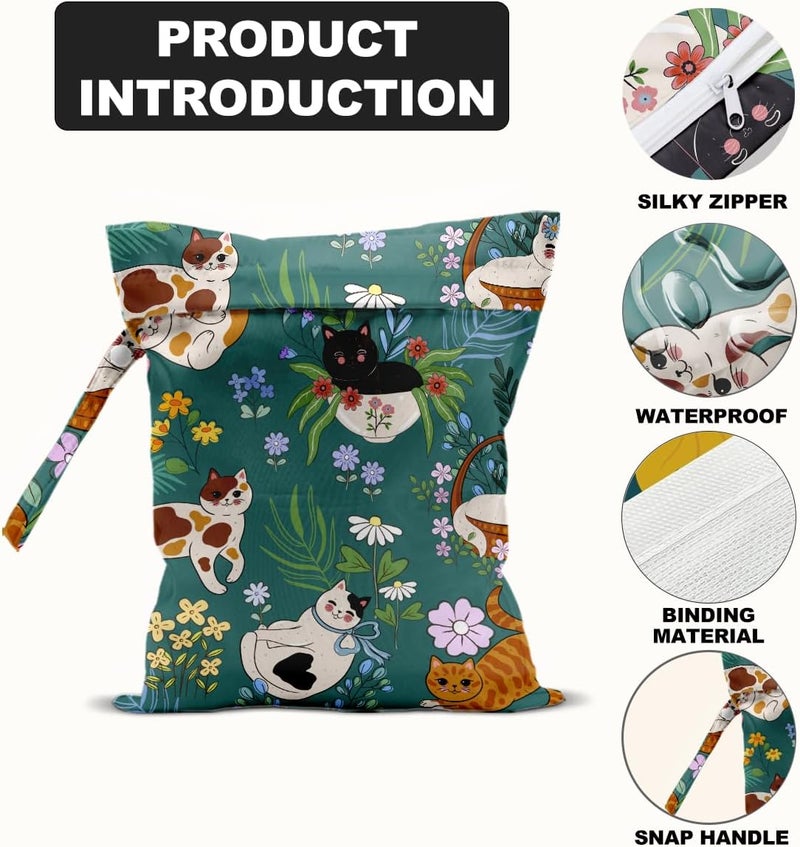 BQXH Cat Lover Gifts, 2Pcs Mushroom Cat Print Wet Bags, Wet Dry Bag Reusable Zipper Pouch for Swimsuit, Diapers, Beach, Dirty Yoga Gym Clothes, Toiletries, Waterproof Birthday Christmas Gifts - Image 3